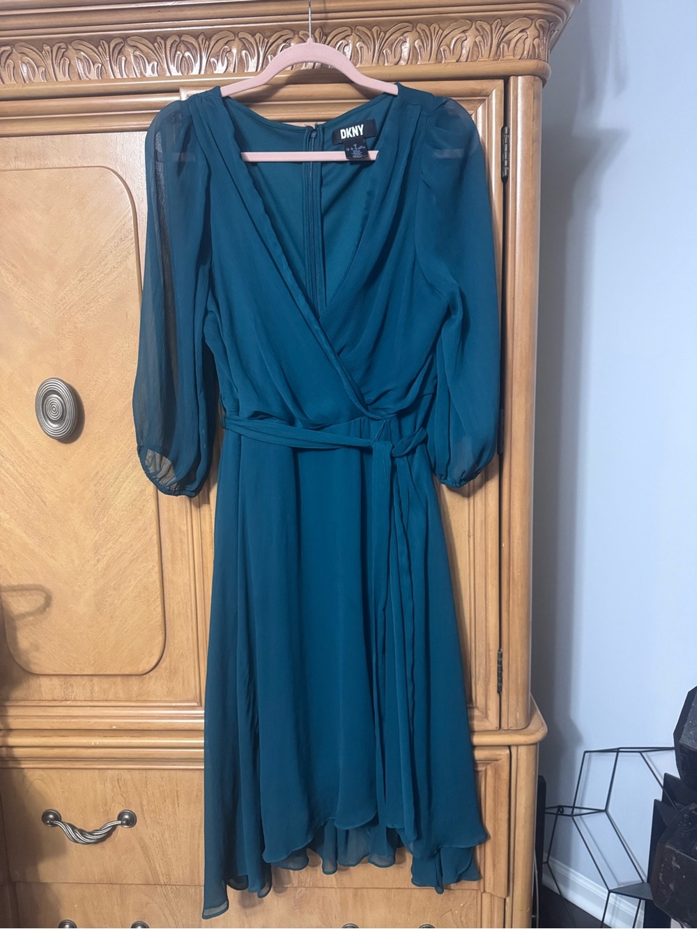 DKNY Teal Wrap Midi Dress with Sheer Sleeves